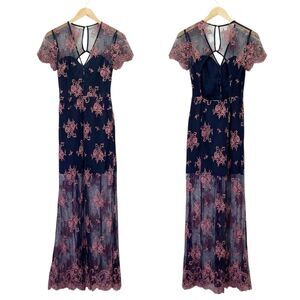 Lovers + Friends Shoreline Maxi Dress Navy Pink Lace Size Small Sheer Floral